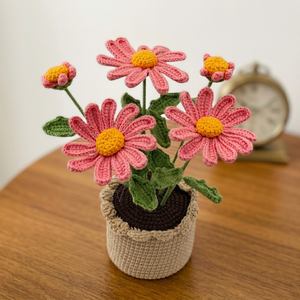 กระถางดอกเดซี่สีชมพูถักโครเชต์ทำมือ ของตกแต่งอะมิกุรุมิ พร้อมดอกไม้ไหมพรมถัก สำหรับตกแต่งบ้านหรือโต๊ะทำงาน ของขวัญ - Product Image 1