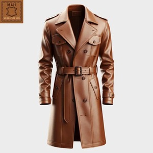 เสื้อโค้ทหนังสีน้ำตาลสำหรับผู้ชาย แบบกระดุมสองแถว มีเข็มขัด - Product Image 1