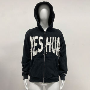 Sudadera con Capucha de Forro Polar de 160g para Hombre, Negra, Lavado Ácido, con Cierre y Parche Bordado en 3D, Talla Grande, de Micah Corporation - Product Image 1