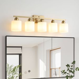 Lampada da Bagno Moderna a 5 Luci in Oro con Paralumi in Vetro Satinato Bianco Latte E26 - per Bagni - Product Image 1