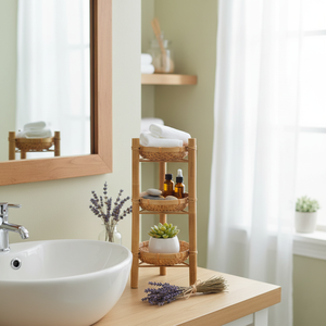 Étagère ronde en bambou à 3 niveaux - Rangement multifonctionnel - Panier en bambou tissé à la main pour la décoration - Product Image 2