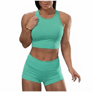Women Solid for <b>Crop</b> <b>Top</b> Tank Set Breathable Spandex/Nylon Simple <b>Mesh</b> Button High Waist Shorts Skinny Fit V-neck Activewear All - Product Image 3