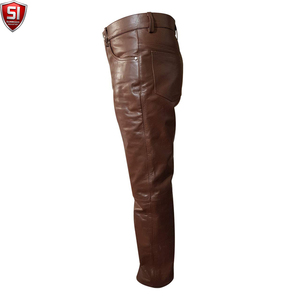 Brown Leather Windproof Midweight <b>Pants</b> for Men <b>Straight</b> <b>Leg</b> Mid Waist Button Fly OEM Custom Winter Casual Wear - Product Image 6