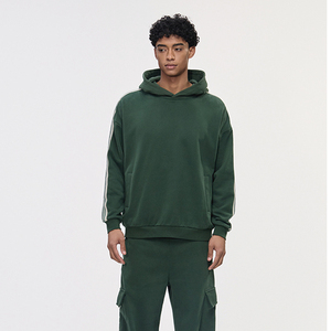 Sweat-shirt à capuche vert olive pour homme, manches rayées, vêtement décontracté d'automne, tricoté en molleton français, manches longues - Product Image 4