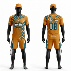 Uniforme de bádminton para hombre, 150 GSM, poliéster, absorbe la humedad, transpirable, diseño de paneles naranja y verde, sublimación, logotipo personalizado - Product Image 1