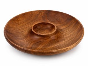 Plateau de service rond en bois avec bol à sauce, plateau de fête pour fromages, craquelins, fruits et noix, design minimaliste, bois d'acacia durable - Product Image 3