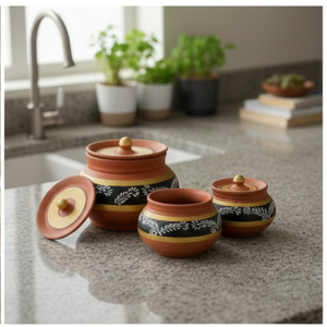 SwamiG TradeX Hand-Painted Terracotta Country Style Storage Jar <b>Set</b> Cover 0.5-1L Capacity Multifunction Design Eco-Friendly Leak - Product Image 2