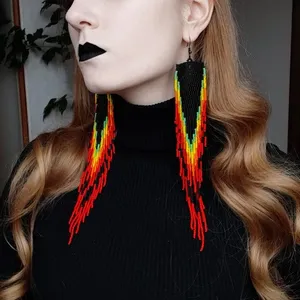TRENDING <b>Red</b> black very long <b>earrings</b> extra long <b>earrings</b> fringe <b>earrings</b> boho <b>earrings</b> seed bead <b>earrings</b> handmade <b>earrings</b> - Product Image 2