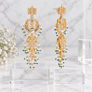 Gold Plated Long Kundan Style <b>Chandelier</b> Earrings with <b>Green</b> Beads and Faux Pearls Bridal Jewelry Manufacturer Bulk Supply - Product Image 1