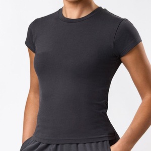 T-shirt décontracté pour femme, coupe ample, col rond, manches courtes, couleur unie, en coton et fibre de bambou, extensible, respirant, tricoté, longueur normale - Product Image 1