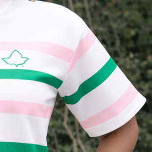 T-shirt blanc personnalisé pour femme avec rayures vertes et roses, logo étoile brodé, manches courtes, col rond, haut décontracté tendance pour l'été - Product Image 5