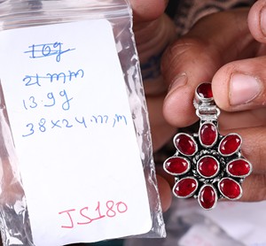 Oxidized Silver Plated Brass Flower Drop Earrings Red Garnet | Vintage Indian Ethnic Jewelry for Women | Party Statement - Product Image 2