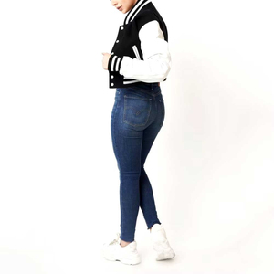 Women's Cropped Varsity <b>Jacket</b> Black <b>White</b> Stripe Button Front Casual Short Sleeve Solid Color Wool Outerwear Winter Stand - Product Image 5