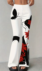 Hardhoodi Interination Women High Waist <b>Flare</b> Pants <b>White</b> Black Red Floral Print Elastic Waist Full Length Fashion <b>Trousers</b> Four - Product Image 5