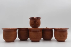 Mug en terre cuite marron artisanal, design rustique en relief, compatible micro-ondes et lave-vaisselle, vaisselle réutilisable pour la maison et l'hôtel - Product Image 2