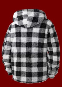 <b>Mens</b> Grey Plaid Fluffy Hooded Jacket <b>Sherpa</b> <b>Fleece</b> Checkered Zip Up Warm Oversized Plush Hoodie With Pockets Streetwear Hoodie - Product Image 2