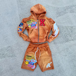 Ensemble sweat à capuche et short zippé en coton éponge personnalisé, délavage acide, broderie 3D, 500 g/m², motif anime - Product Image 1