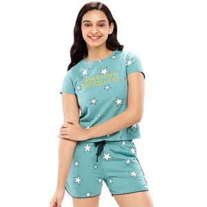 Conjunto de Pijama de 2 Piezas para Mujer, Estampado de Estrellas, Tejido Ecológico de Poliéster, Top de Manga Corta, Pantalones Cortos, Cuello Redondo, Casual, Primavera/Verano - Product Image 4