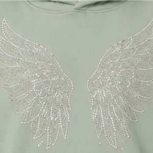 Sweat-shirt décontracté d'hiver pour femme, vert sauge, surdimensionné, avec ailes d'ange en strass, en molleton de coton premium - Product Image 6