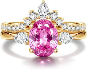 Bague de fiançailles de luxe ovale inspirée d'une couronne, sertie de pierres latérales en forme de poire et rondes, en or 10K, 14K, 18K et en argent 925, 935 - Product Image 2