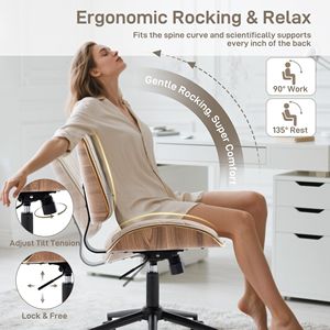 Sedia da Ufficio Girevole Moderna in Noce con Schienale in Legno Curvato e Rivestimento in Pelle PU, Senza Braccioli, Altezza Regolabile, Schienale Medio per Scrivanie Piccole, Stile R - Product Image 4