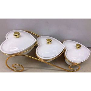 Juego de tazones de cerámica en forma de corazón con borde dorado y tapa para servir comida, estilo glamuroso para fiestas - Product Image 1