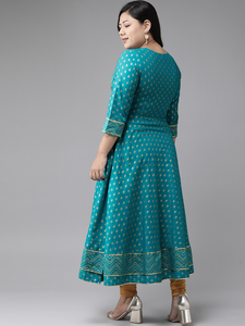 Kurta Anarkali en coton à fleurs turquoise, grande taille, pour femme, tenue de tous les jours, col en V, manches trois quarts, légère - Product Image 4