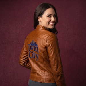 Twin City Women's Genuine <b>Leather</b> Moto <b>Jacket</b> Brown Zipper Front Logo Design Regular Fit Autumn Wear - Product Image 2