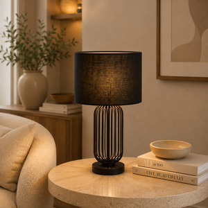 Lampe de table en métal Midnight Cage avec base en fil de fer ouvert, abat-jour en tissu de qualité supérieure, éclairage ambiant chaud pour les intérieurs élégants - Product Image 1
