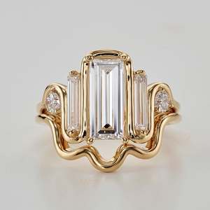 Women's Yellow Gold Emerald Cut Moissanite Ring Classic Engagement Style with Baguette Side <b>Stones</b> Luxury Anniversary Gift - Product Image 1