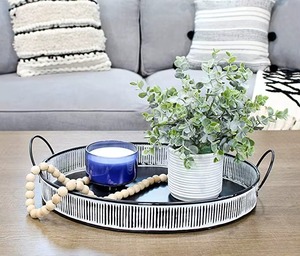 Nouvelle arrivée, plateau décoratif rond en métal avec poignées, style industriel, motif vertical, emballage en une seule pièce - Product Image 6