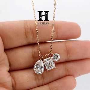 จี้เพชรทรงหลายเหลี่ยมสามเม็ด สร้อยคอทอง 14k รูปทรงลูกแพร์ เรเดียนท์ รูปทรงกลม จี้แบบคลัสเตอร์สำหรับผู้หญิง เครื่องประดับชั้นดี - Product Image 3
