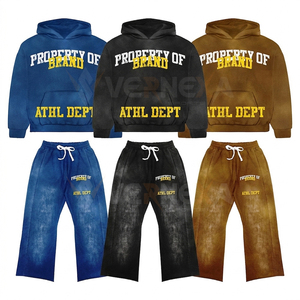 Vintage ACID Wash Tracksuit Flared Heavyweight Cotton Screen Printing Distressed Embroidery Sweat Suit Custom Casual Hoodie Set - Product Image 5