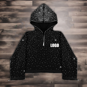 Sweat à capuche pour homme en molleton French Terry 380 260 g/m² pour l'hiver, style streetwear, personnalisé avec impression intégrale de crânes en strass, coupe courte et ample, demi-zip intégral - Product Image 1
