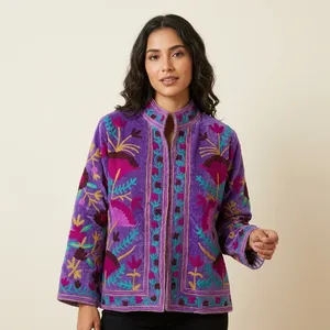 Women's Purple Velvet Embroidered <b>Quilted</b> <b>Jacket</b> with Floral <b>Pattern</b> Stand Collar Full Sleeve Autumn Style Cotton Lining - Product Image 2