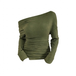 Haut en suède vert olive à épaules dénudées, froncé, à manches longues, coupe ajustée, col asymétrique, tendance, pour femme, style streetwear - Product Image 1