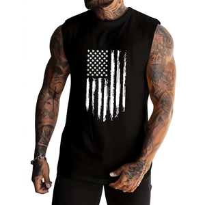 Débardeur sans manches noir pour homme avec imprimé drapeau, col rond, style décontracté, 100% coton, tissu tricoté respirant - Product Image 1
