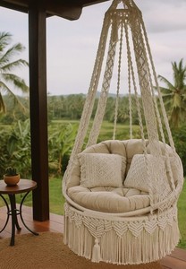 Silla Colgante de Macramé de Algodón Beige, Silla Colgante para Exteriores, Silla Mecedora de Macramé, Hamaca de Macramé, Silla Columpio - Product Image 1