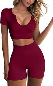 Conjunto Deportivo Sin Costuras Acanalado para Mujer: Top Corto de Manga Corta y Shorts de Fitness de Cintura Alta Elásticos para Gimnasio - Product Image 5