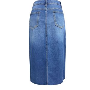 Jupe longue en jean taille haute pour femme, bleu moyen, avec fente avant et ourlet brut, coupe droite, style décontracté streetwear d'été - Product Image 3