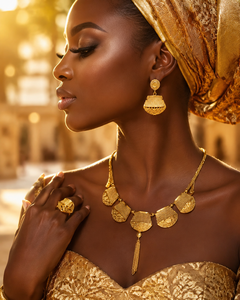 Conjunto de Collar y Pendientes de Latón Chapado en Oro de 24K con Cadena de Caja de Flores y Dije Geométrico, Estilo Dubái, Joyería Africana para Boda Nigeriana - Product Image 3