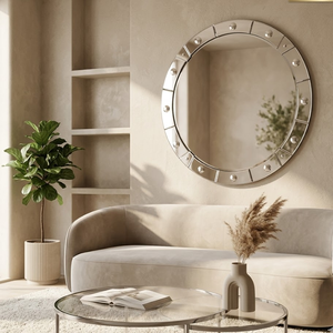 Miroir mural rond moderne avec cadre segmenté et clouté |   Miroir décoratif circulaire de luxe pour la décoration de salon - Product Image 2