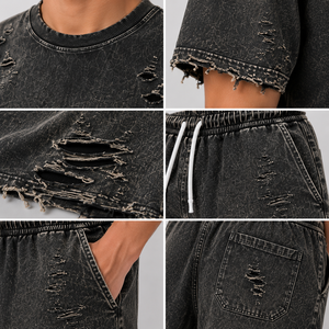 Ensemble T-shirt et short pour homme, été, déchiré, délavé à l'acide, respirant, 280 GSM, look tendance, streetwear, coton - Product Image 3