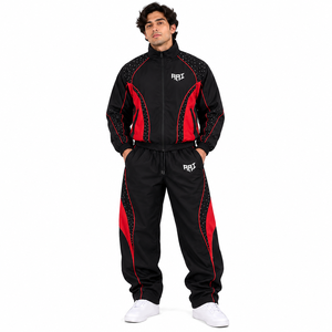 Veste coupe-vent de luxe Y2K américaine noire et rouge en nylon, 100% nylon, avec strass chauffants, coupe-vent, style survêtement, ornée de paillettes - Product Image 1
