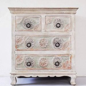 Commode à tiroirs en bois de manguier sculpté, style antique, meuble de rangement à 4 tiroirs, console de salon - Product Image 1