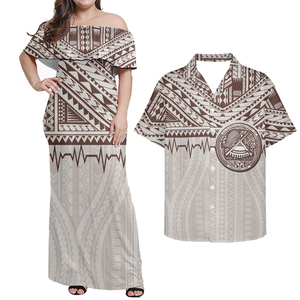Matching Couple Outfit Evening <b>Dresses</b> Party <b>Hawaii</b> Polynesian Tribal Plumeria Floral Print Women Ruffle Off Shoulder <b>Dress</b> - Product Image 3