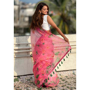 Robes de soirée Elite Weaves, sari en coton Chanderi rose pâle imprimé Pichwai avec bordure tissée Zari, 500g en stock - Product Image 1