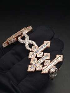 Luxury Two Tone Gold <b>Stacked</b> Cross Link <b>Bracelet</b> Baguette Lab Grown Diamond Pave Setting Iced Out Hip Hop Religious Triple Charm - Product Image 1