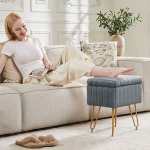 Tabouret de toilette gris moderne avec rangement pouf en fausse fourrure doux rembourré repose-pieds de maquillage 4 pieds antidérapants réglables en métal - Product Image 5