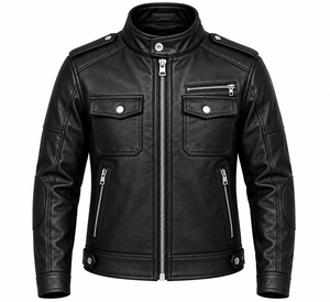 Chaqueta de Motociclista de Cuero PU Negra para Hombre, Corte Ajustado, Cuello Alto, Cierre de Cremallera, Estilo Biker, para Otoño - Product Image 1